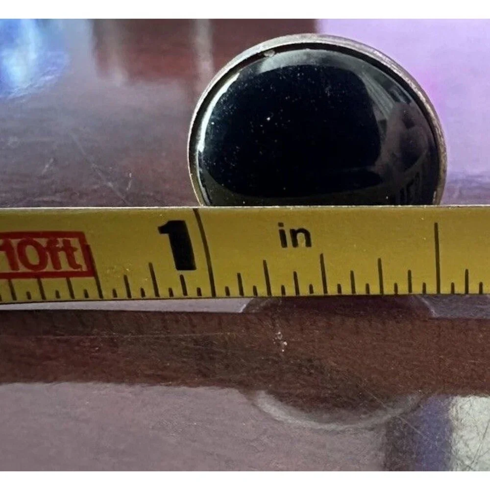 Men's Vintage Pioneer Black Silver Tone Cabochon Cufflinks Round Diameter 9/16